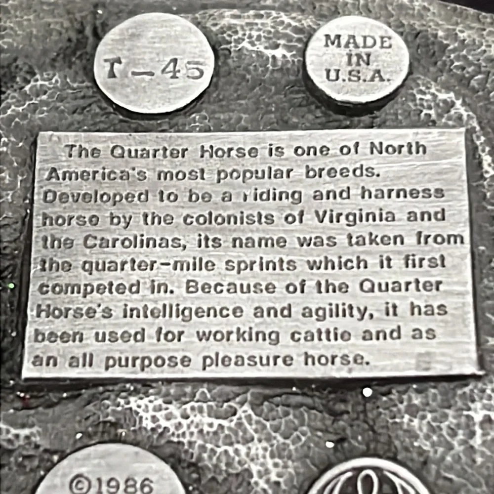 1988 Bergamot Brass Works Western Cowboy Quarter Horse pewter belt buckle T-45